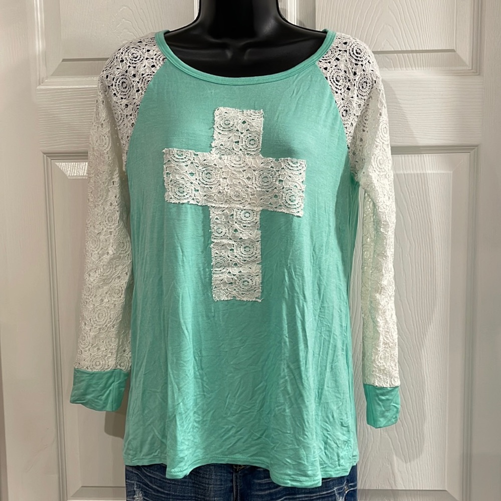 Green and White long sleeve top